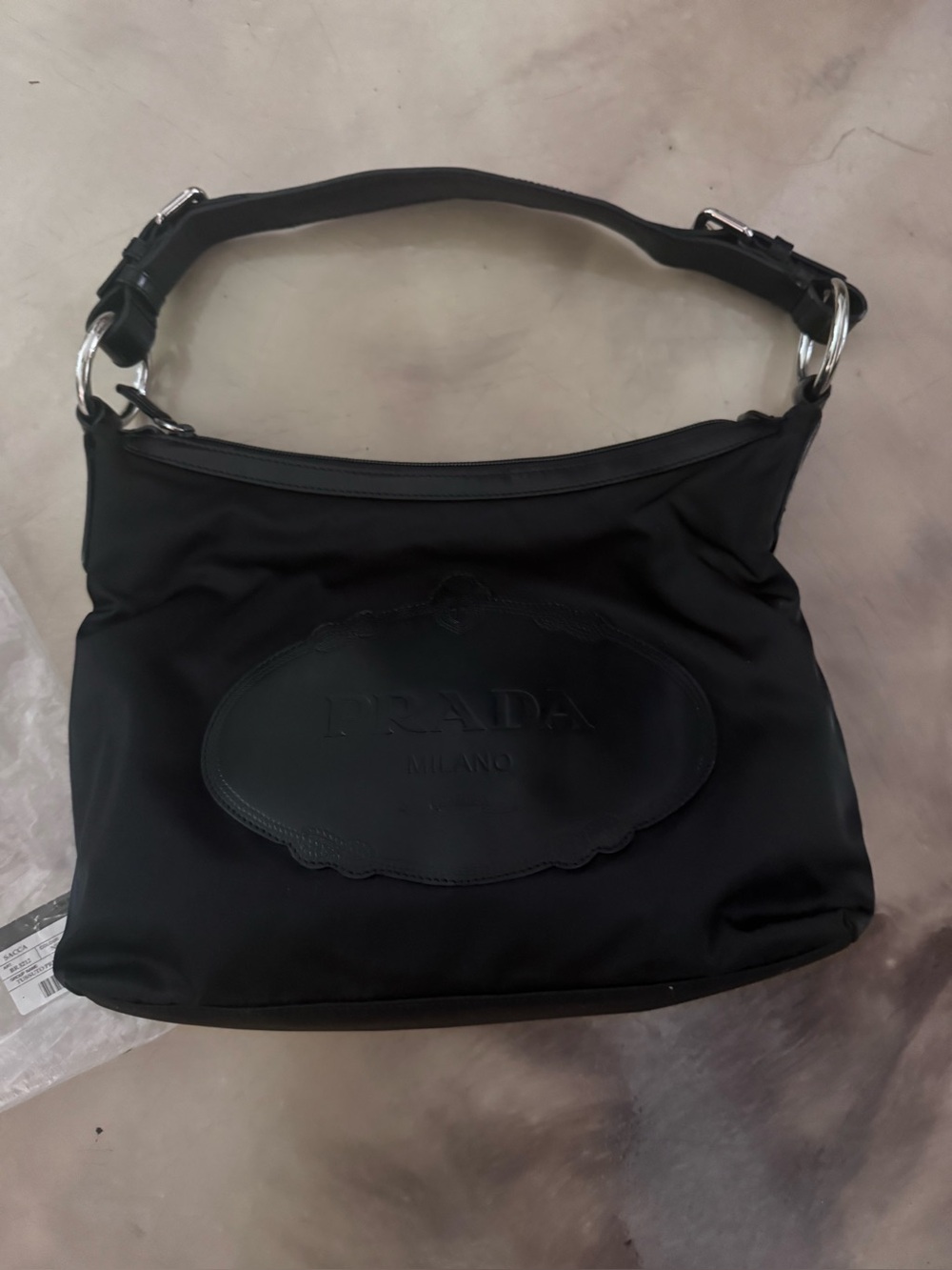 Prada Black Nylon Shoulder Bag with Leather Logo Plaque and Silver Hardware